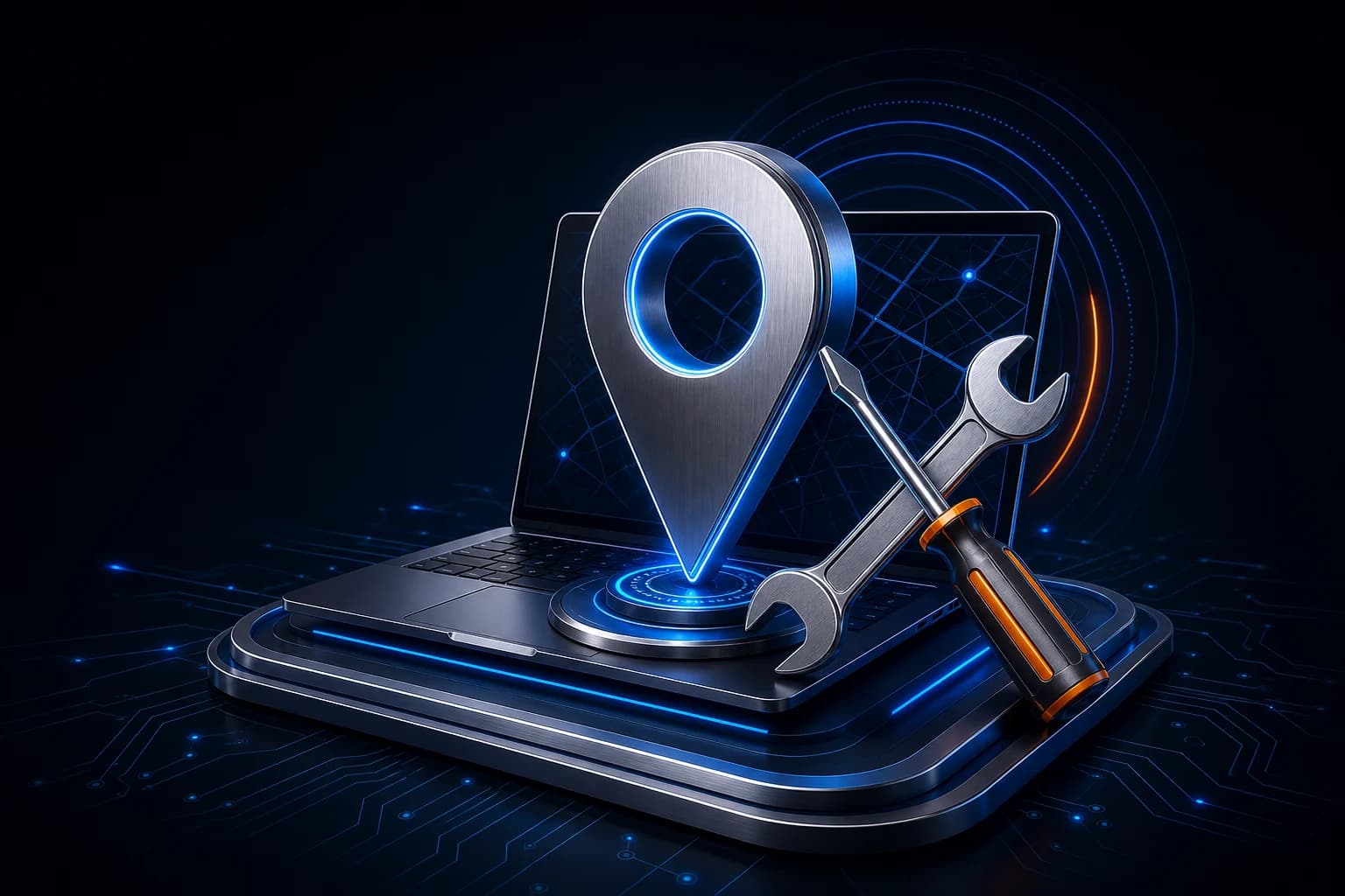 Ilustración tecnológica de ubicación y servicio de TecnoExpress